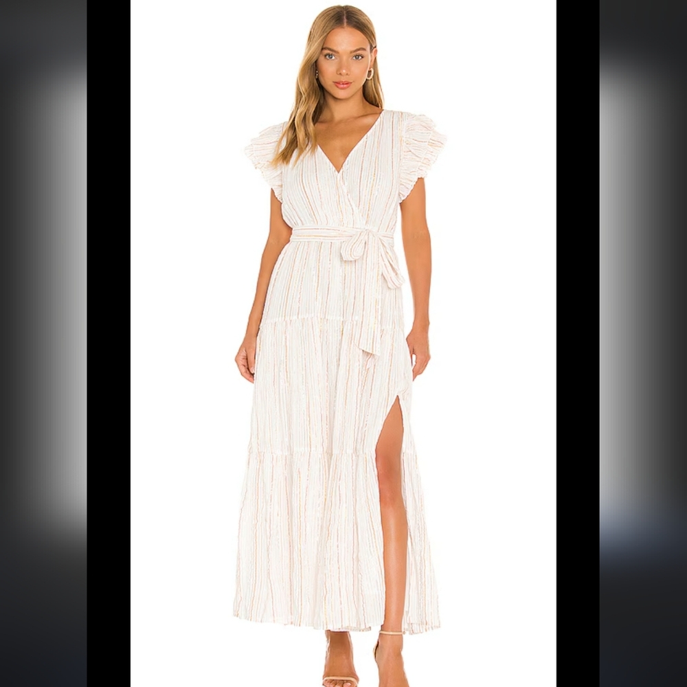 Astr size xs long dress metallic golds silvers rose ruffle sleeves Rhian…